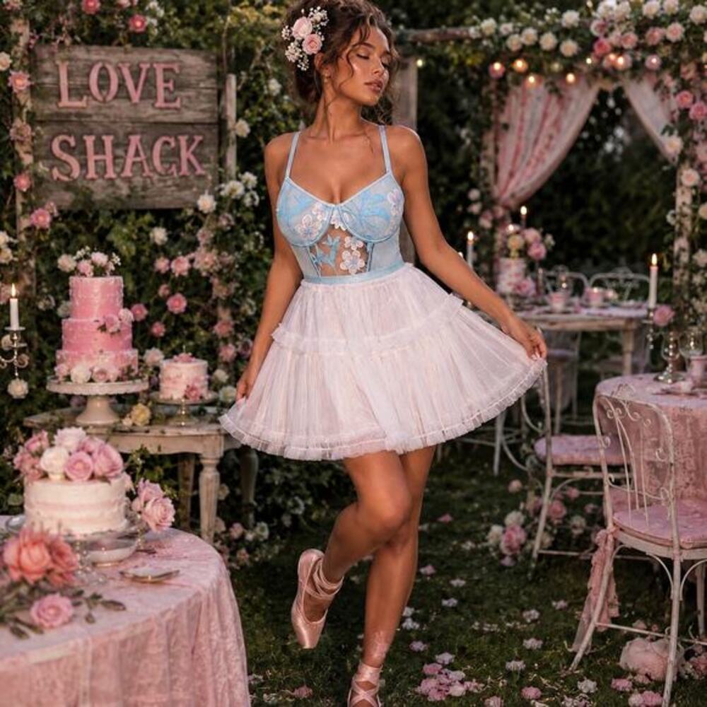 Blue Floral Embroidered Mesh Bodysuit
Coquette Balletcore Fairycore Large